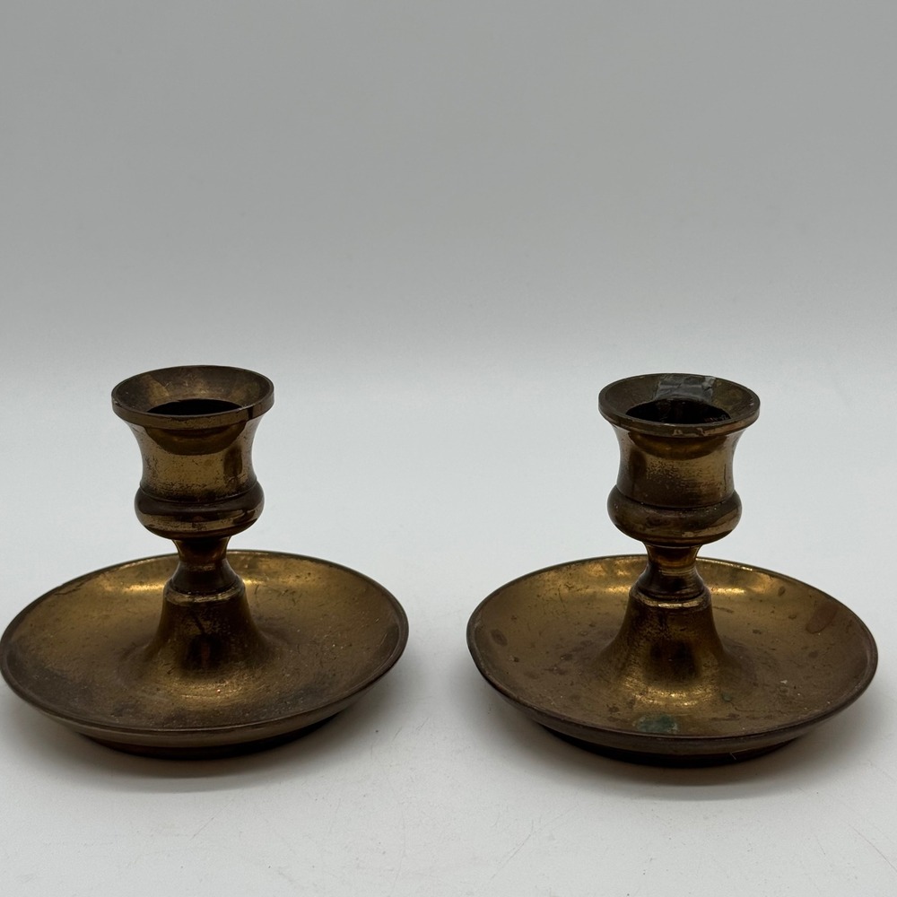 Vintage Solid Brass Saucer Base Candlesticks Taper Holders Pair Stamped WV 3"